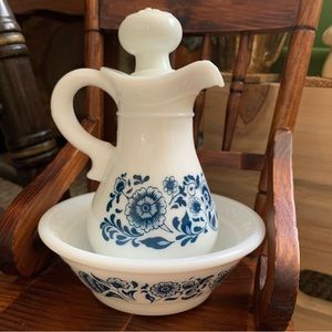 Vintage Avon Skin-So-Soft Bath Oil Pitcher & Bowl Set - Delft Blue Floral Design